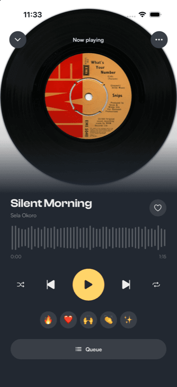 Kindred now-playing screen on iPhone