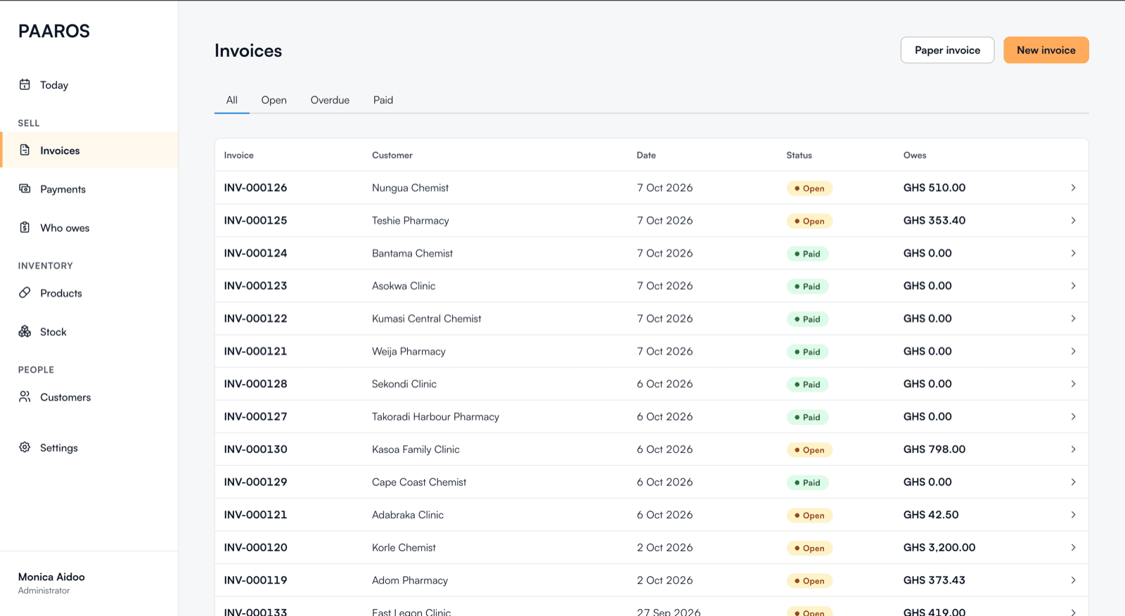 Paaros invoices on web