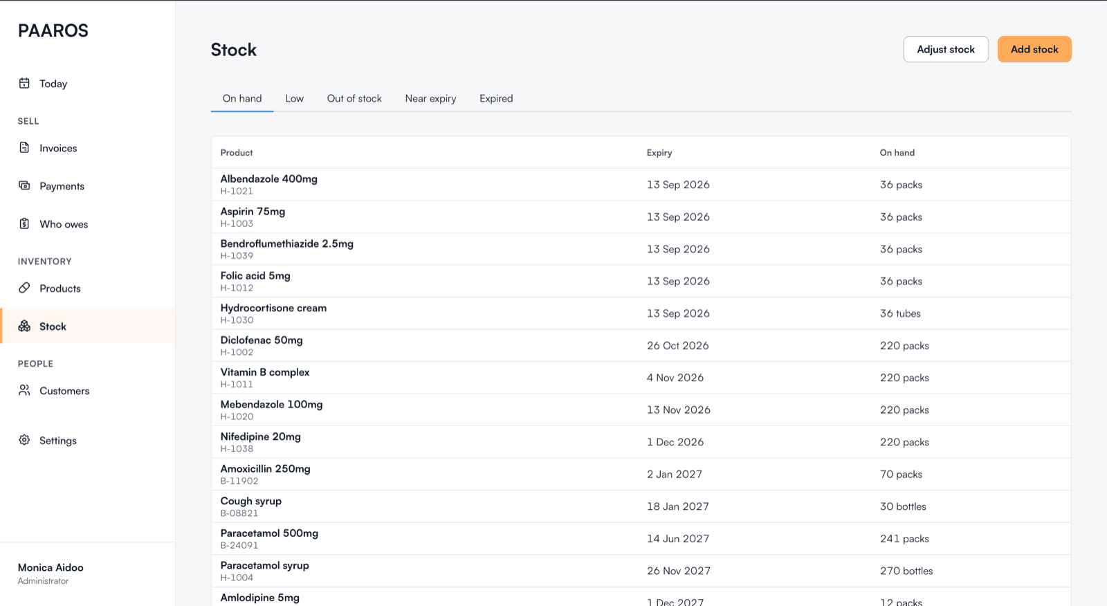 Paaros stock by batch on web