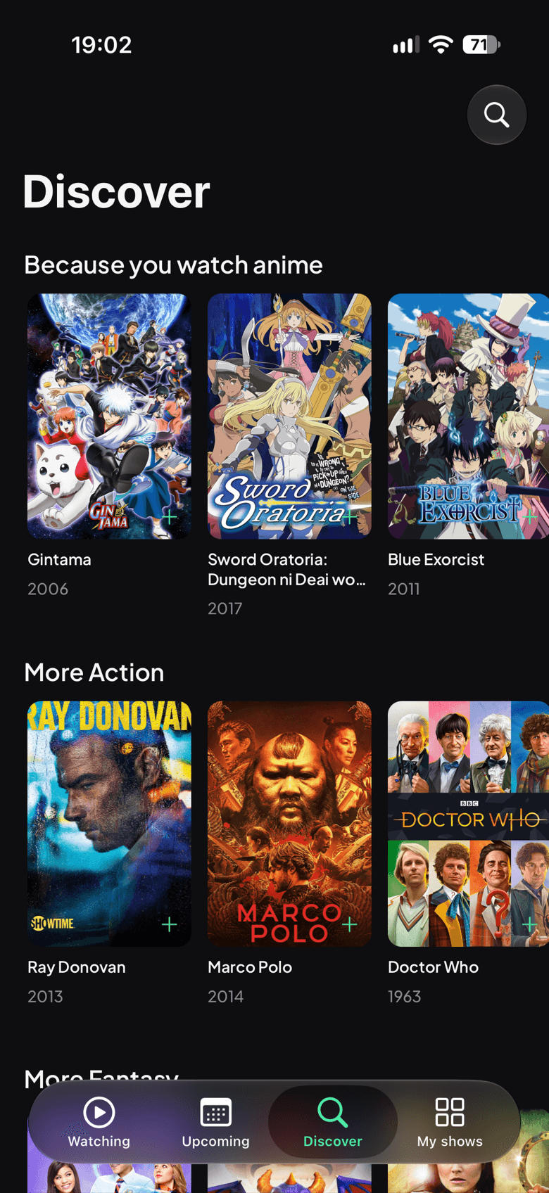 Showlog Discover screen on iPhone