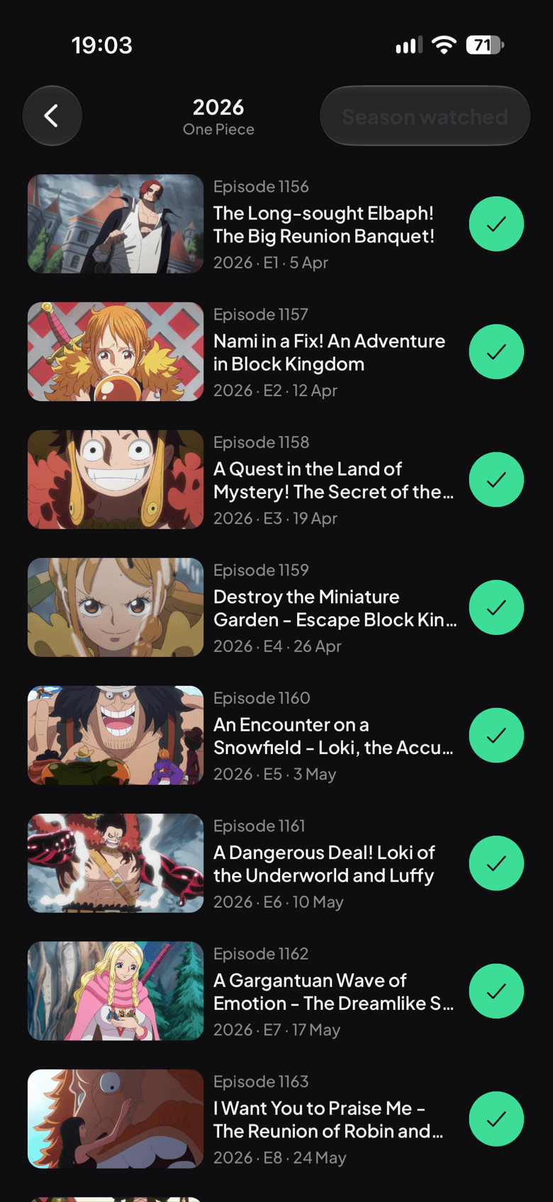 Showlog season screen on iPhone
