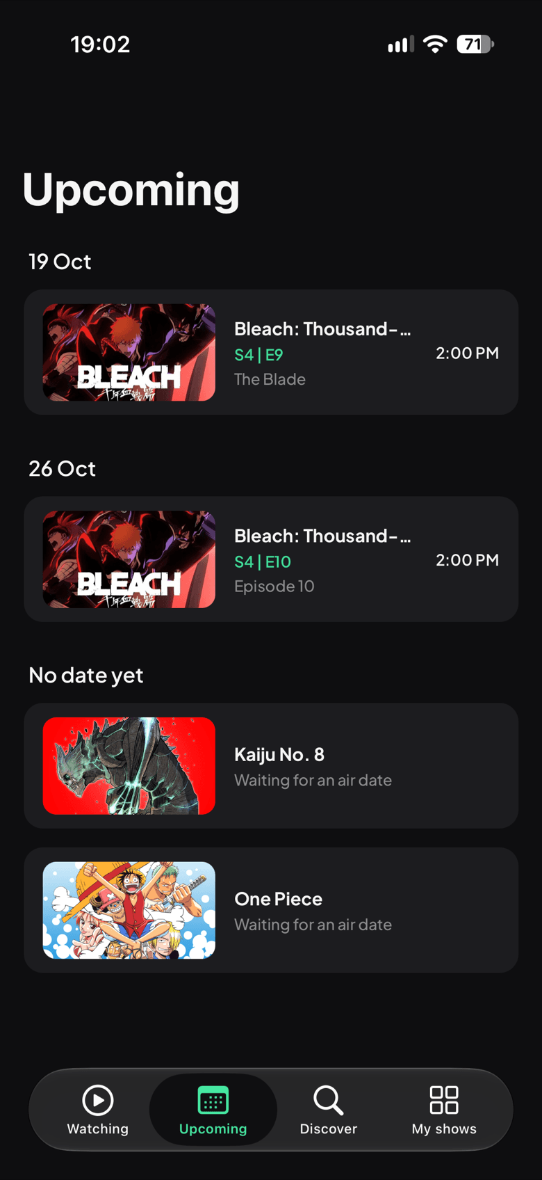 Showlog Upcoming screen on iPhone
