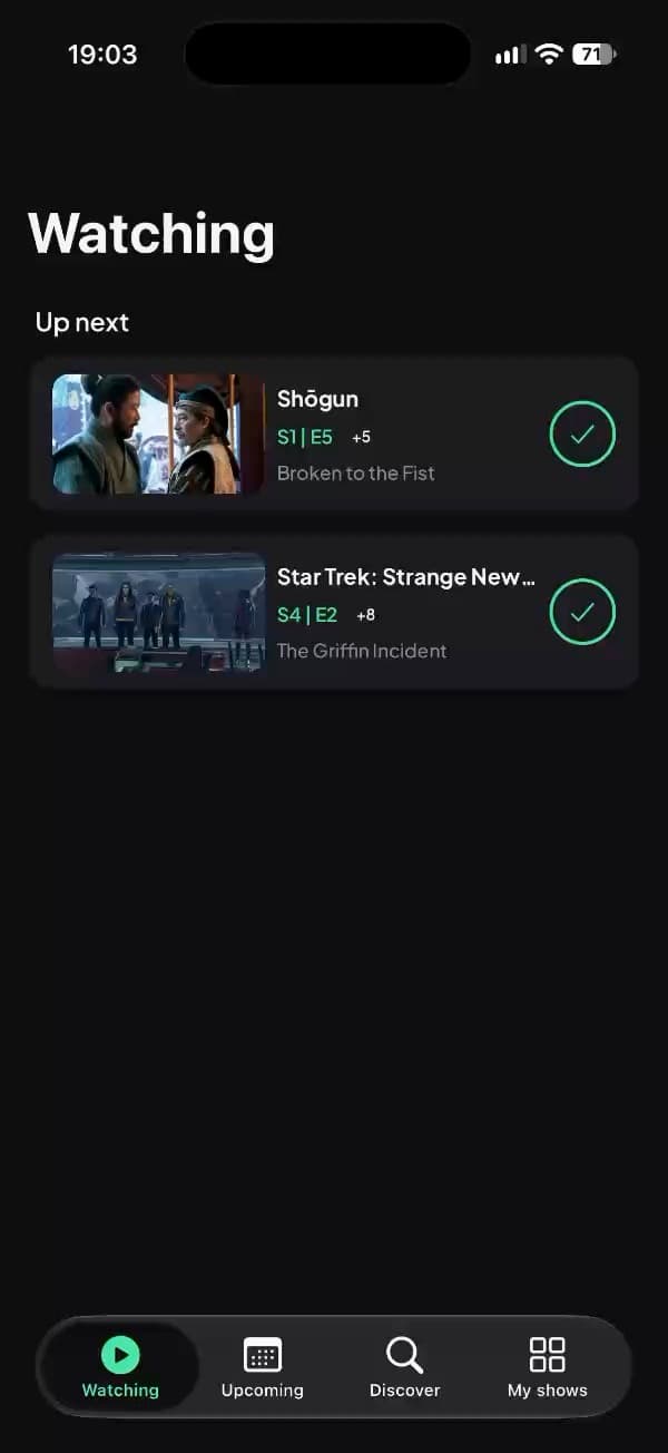 Showlog Watching screen on iPhone