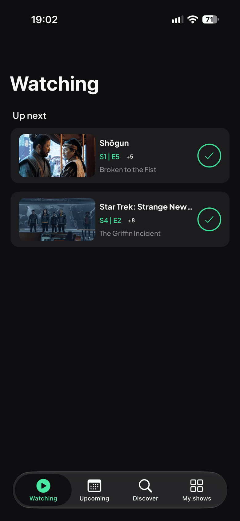Showlog Watching screen on iPhone